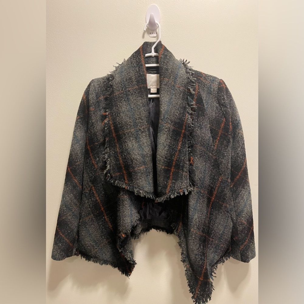 ardyn K Open-Front Distressed Hem Wool-Blend Purple & Grey Plaid Jacket Sz Small